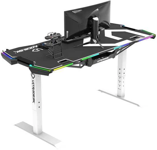 Žaidimų stalas Ultradesk Force Gaming Desk, LED RGB Prismatic, Baltas su juodu kilimėliu