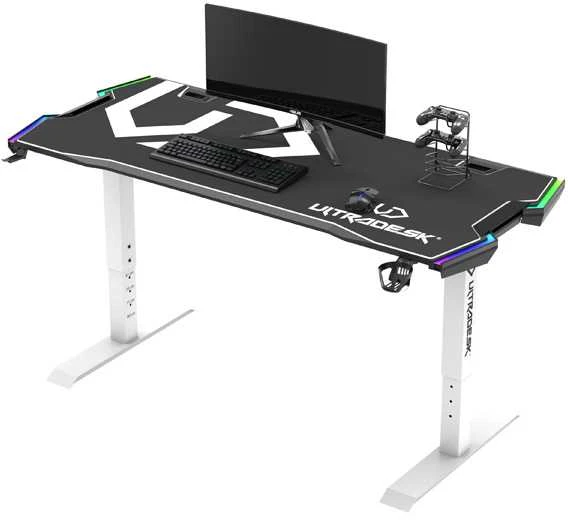 Žaidimų stalas Ultradesk Force Gaming Desk, LED RGB Prismatic, Baltas su juodu kilimėliu