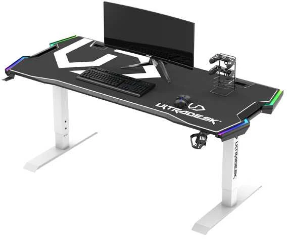 Žaidimų stalas Ultradesk Force Gaming Desk, LED RGB Prismatic, Baltas su juodu kilimėliu