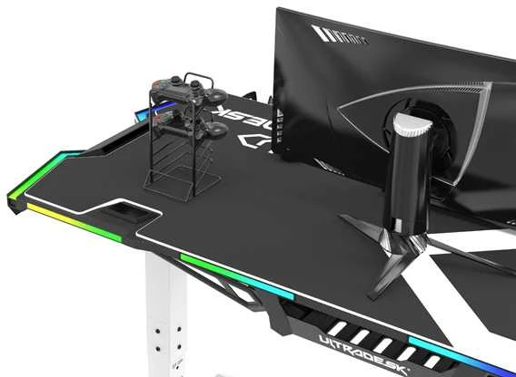 Žaidimų stalas Ultradesk Force Gaming Desk, LED RGB Prismatic, Baltas su juodu kilimėliu