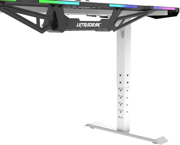 Žaidimų stalas Ultradesk Force Gaming Desk, LED RGB Prismatic, Baltas su juodu kilimėliu
