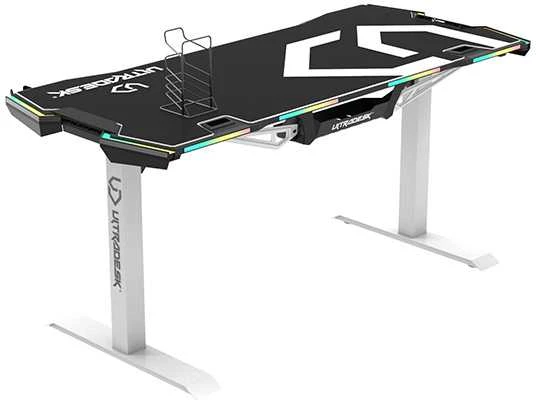 Žaidimų stalas Ultradesk Force Gaming Desk, LED RGB Prismatic, Baltas su juodu kilimėliu