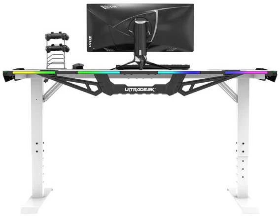 Žaidimų stalas Ultradesk Force Gaming Desk, LED RGB Prismatic, Baltas su juodu kilimėliu