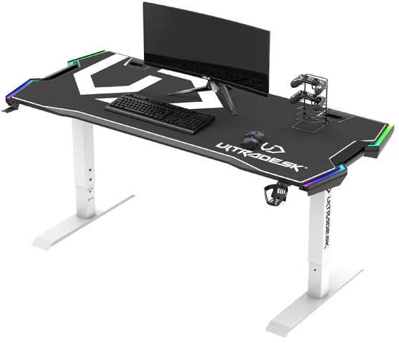 Žaidimų stalas Ultradesk Force Gaming Desk, LED RGB Prismatic, Baltas su juodu kilimėliu