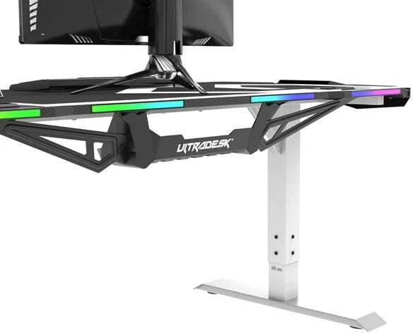 Žaidimų stalas Ultradesk Force Gaming Desk, LED RGB Prismatic, Baltas su juodu kilimėliu