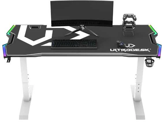 Žaidimų stalas Ultradesk Force Gaming Desk, LED RGB Prismatic, Baltas su juodu kilimėliu