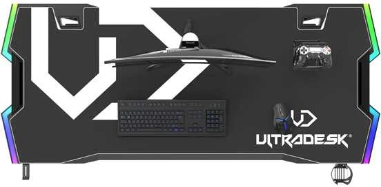 Žaidimų stalas Ultradesk Force Gaming Desk, LED RGB Prismatic, Baltas su juodu kilimėliu