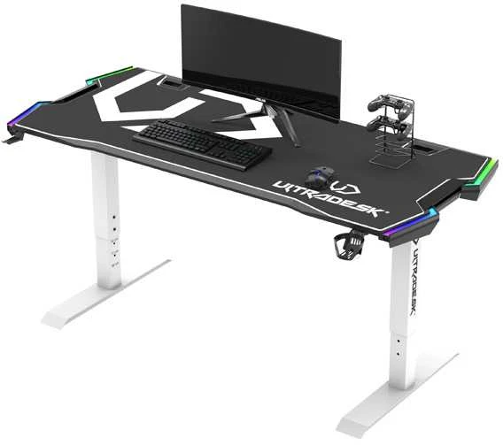 Žaidimų stalas Ultradesk Force Gaming Desk, LED RGB Prismatic, Baltas su juodu kilimėliu