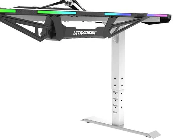 Žaidimų stalas Ultradesk Force Gaming Desk, LED RGB Prismatic, Baltas su juodu kilimėliu