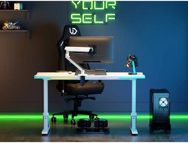 ULTRADESK IRON Baltas žaidimų stalas, 132,5x60,5 cm, 71-81 cm, mechaniškai reguliuojamas aukštis
