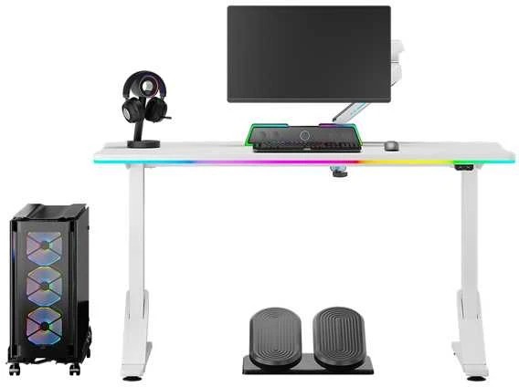 ULTRADESK IRON Baltas žaidimų stalas, 132,5x60,5 cm, 71-81 cm, mechaniškai reguliuojamas aukštis
