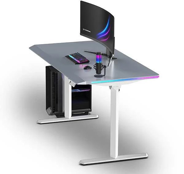 ULTRADESK Biurko dla gracza QUEST, 140x70cm, 72-120cm, balta ir-pilka