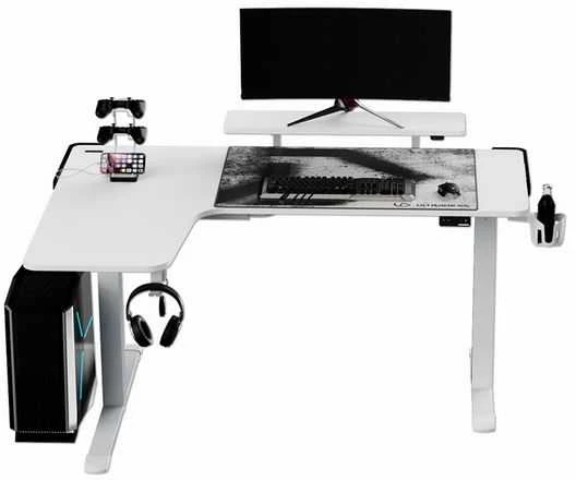 Reguliuojamo aukščio kampinis žaidimų stalas Ultradesk Winger LED RGB, Baltos spalvos