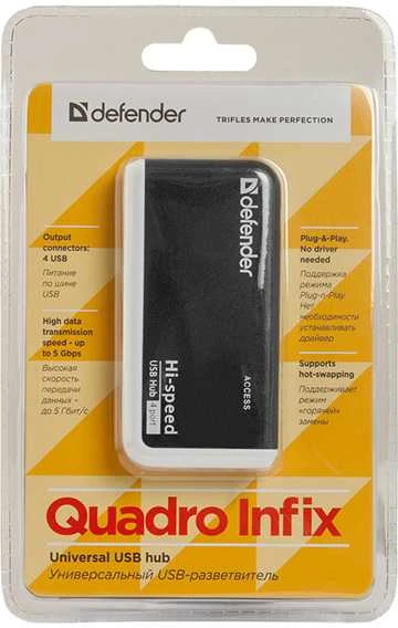 Šakotuvas DEFENDER USB HUB mini 4 jungtys, USB 2.0, QUADRO-INFIX