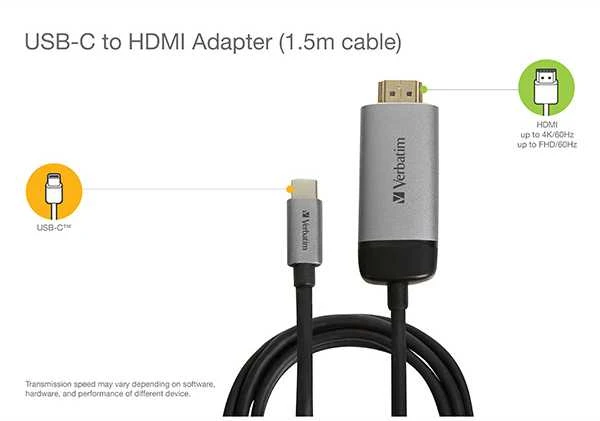 Verbatim 49144 vaizdo kabelio adapteris 1,5 m C tipo USB HDMI Juoda, Sidabras