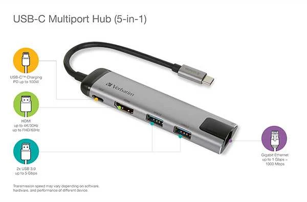 Verbatim 49141 sąsajos šakotuvas USB 3.2 Gen 1 (3.1 Gen 1) Type-C 1000 Mbit/ai Juoda, Sidabras