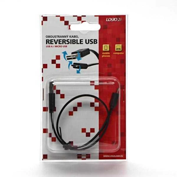 Logo USB laidas (2.0), USB A (M) reversable - microUSB reversable (M), 0,3m, plokščias, juoda, dvipusis, EOL