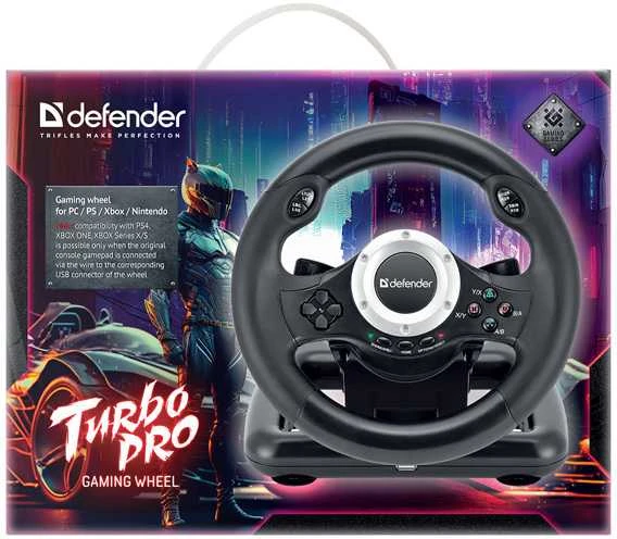 Defender TURBO PRO vairas, 10 mygtukų, USB, juodas, su pedalais, PS3, PS4, PC, XBOX One, XBOX Series X/S, Nintendo Switch