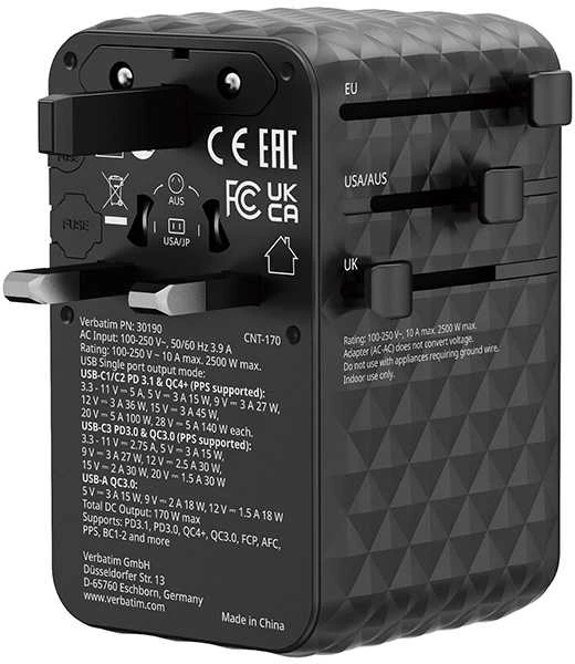 „Verbatim“, „Charge n Travel“ adapteris, „Travel GaN III“ 2x USB-C, 2x USB-A + 1x integruotas USB-C laidas, juodas, 170 W