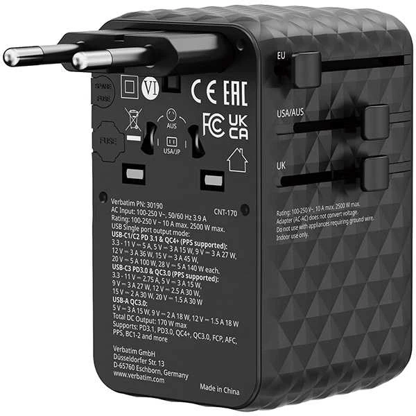 „Verbatim“, „Charge n Travel“ adapteris, „Travel GaN III“ 2x USB-C, 2x USB-A + 1x integruotas USB-C laidas, juodas, 170 W