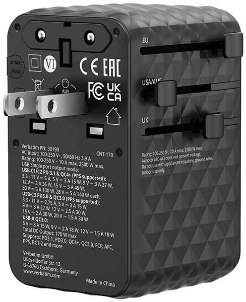 „Verbatim“, „Charge n Travel“ adapteris, „Travel GaN III“ 2x USB-C, 2x USB-A + 1x integruotas USB-C laidas, juodas, 170 W