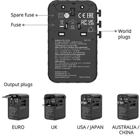 Verbatim Adapteris kelioninis EU/UK/US GaN 2xUSB-A/3xUSB-C PD 170W juodos spalvos 30190