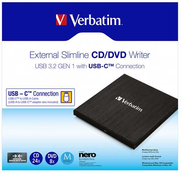 Verbatim 43886, Nagrywarka CD/DVD, szybkość CD(24x) DVD (8x),USB 3.2 GEN1 i USB-C