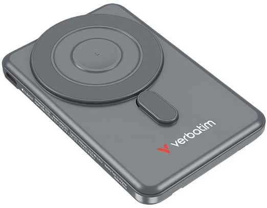 „Verbatim Charge ‘n’ Go 2C“ magnetinė belaidė išorinė baterija su stovu, 5000 mAh, 2 × USB-C, pilka