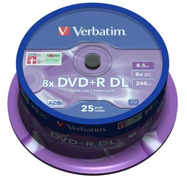 „Verbatim“ DVD+R DL, dvisluoksnis matinės sidabrinės spalvos, 43757, 8,5 GB, 8x, ašis, 25 vnt. pakuotė, 12 cm, duomenų archyvavimui
