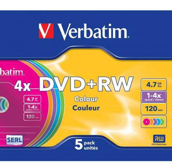 1x5 Verbatim DVD+RW 4,7GB 4x Speed Color Surface Slimcase