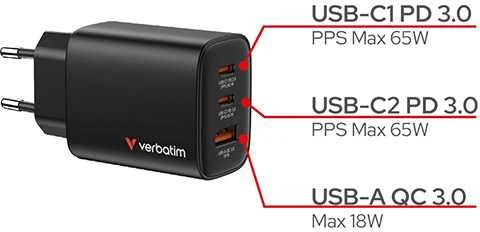Verbatim GaN Travel Charger Essentials 65W, 2×USB-C PD, 1×USB-A QC, EU Plug, Juodas