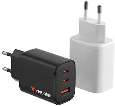Verbatim GaN Travel Charger Essentials 65W, 2×USB-C PD, 1×USB-A QC, EU Plug, Baltas