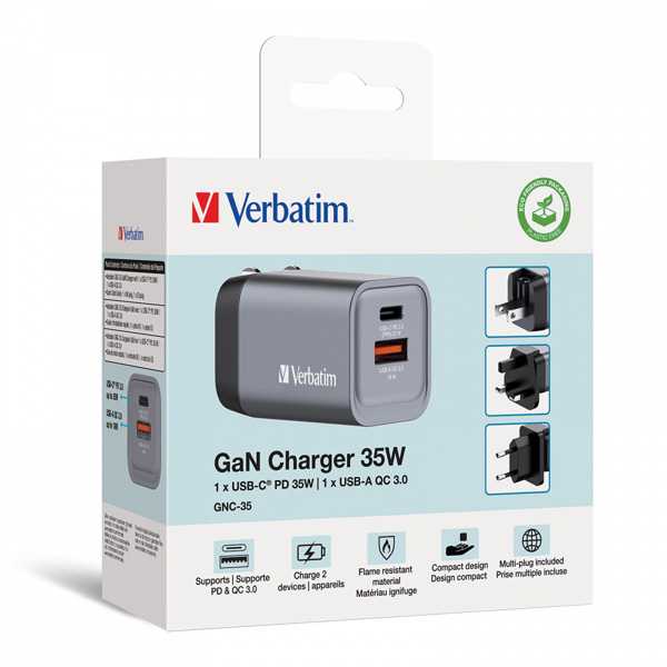 Verbatim - GNC-35 GaN Charger 2 Port 35W USB-A/USB-C