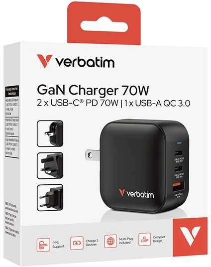 Verbatim, Įkroviklis GaN USB 3.0, USB C, pilka, 70W, wymienne antgaliai C,G,A