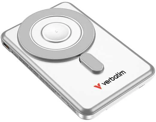 „Verbatim Charge ‘n’ Go 2C“ magnetinė belaidė išorinė baterija su stovu, 5000 mAh, 2 × USB-C, Sidabrinis