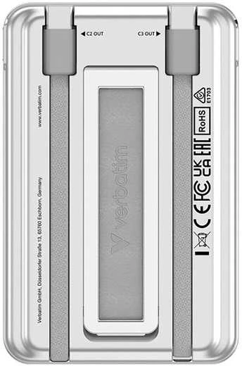 „Verbatim Charge ‘n’ Go 2C“ magnetinė belaidė išorinė baterija su stovu, 5000 mAh, 2 × USB-C, Sidabrinis