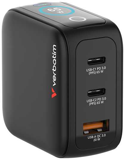 „Verbatim“, „Mini GaN“ įkroviklis su ekranu ir laidu, 2 x USB-C / 1 x USB-A, pilkas, 65 W, keičiami ES, JK, JAV kištukai