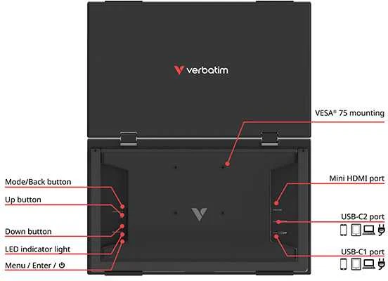 Monitorius „Verbatim Essentials“ nešiojamas dviejų monitorių ekranas, 15,6 colio, FHD, juodas, 32403