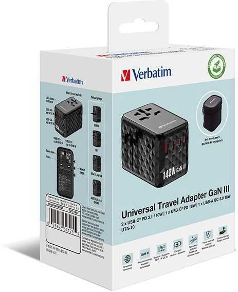 Verbatim kelioninis adapteris EU/UK/US GaN USB-A/3xUSB-C PD 140W UTA-10 juodas 32125