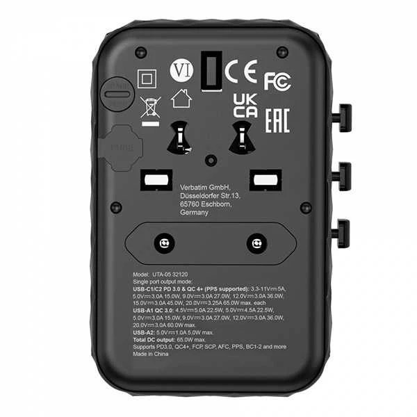 Verbatim kelioninis adapteris EU/UK/US GaN 2xUSB-A/2xUSB-C PD 65W UTA-05 juodas 32120