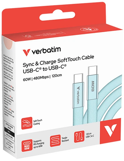 Kabelis Verbatim Sync & Charge SoftTouch USB-C į USB-C 60W PD3.0 120cm žydros spalvos 30273