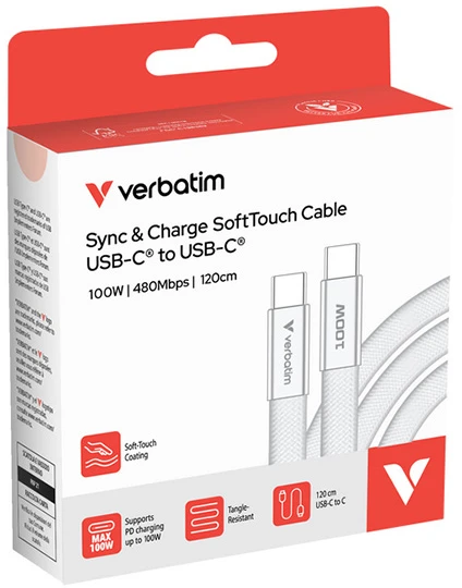 Kabelis Verbatim Sync & Charge SoftTouch USB-C į USB-C 100W PD3.0 120cm baltos spalvos 30277