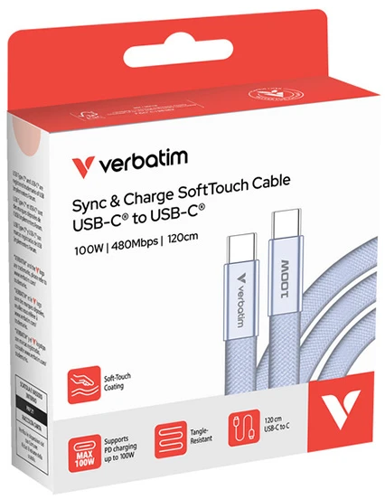 Kabelis Verbatim Sync & Charge SoftTouch USB-C į USB-C 100W PD3.0 120cm violetinės spalvos 30278