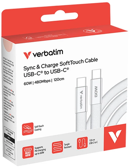 Kabelis Verbatim Sync & Charge SoftTouch USB-C į USB-C 60W PD3.0 120cm baltos spalvos 30274