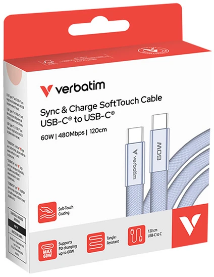 Kabelis Verbatim Sync & Charge SoftTouch USB-C į USB-C 60W PD3.0 120cm violetinės spalvos 30275
