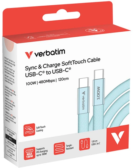 Kabelis Verbatim Sync & Charge SoftTouch USB-C į USB-C 100W PD3.0 120cm žydros spalvos 30276