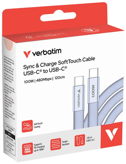Kabelis Verbatim Sync & Charge SoftTouch USB-C į USB-C 100W PD3.0 120cm violetinės spalvos 30278