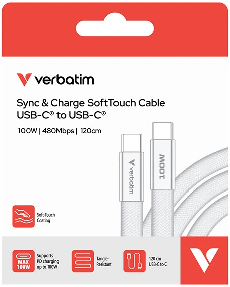 Verbatim USB-C kabelis SoftTouch USB C (M) - USB C (M), 100W, 1.2m, Baltas, box, 30277