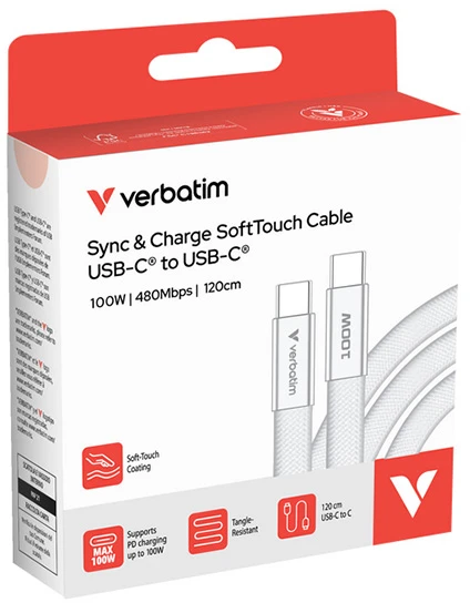 Verbatim USB-C kabelis SoftTouch USB C (M) - USB C (M), 100W, 1.2m, Baltas, box, 30277