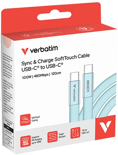 Kabelis Verbatim Sync & Charge SoftTouch USB-C į USB-C 100W PD3.0 120cm žydros spalvos 30276